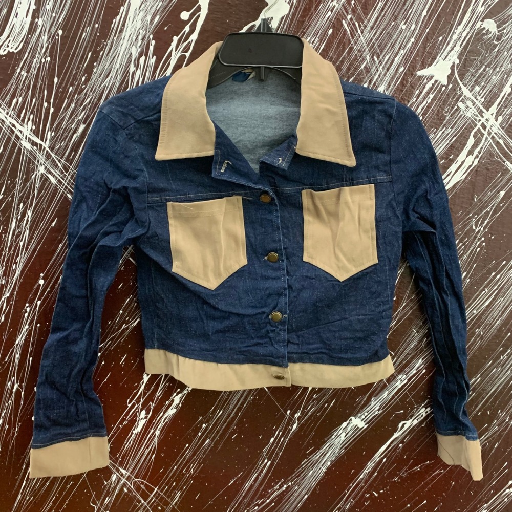 RAG Denim Jacket Small Dark Wash Two Tone Tan Trim Cropped Trucker Brass Buttons